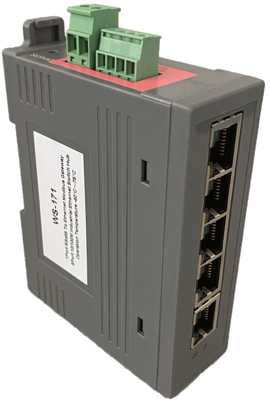 WS-171 DIN Rail Mount, 1 Port RS485 to Modbus TCP Gateway with 5 Ports Industrial Ethernet Switch, 10/100 Base-TX, Auto MDIX